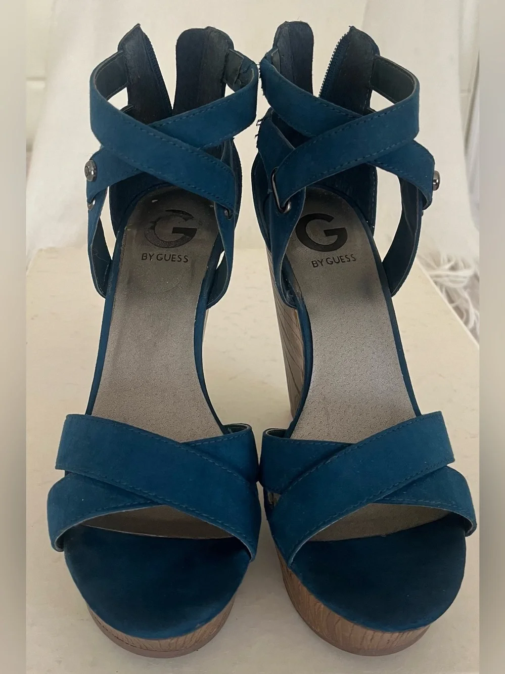 G by Guess Teal Suede Platform Wedge Sandals